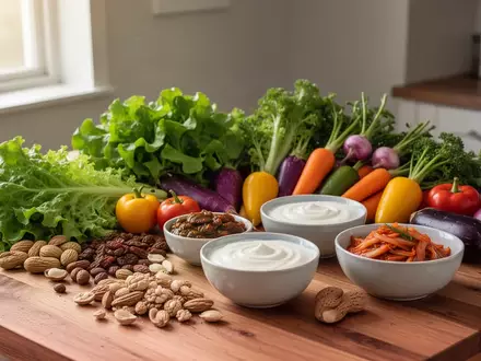 Eine Auswahl frischer, gesunder Lebensmittel wie Gemüse, Nüsse und fermentierte Produkte auf einem Holztisch. - Foto: über boerse-global.de