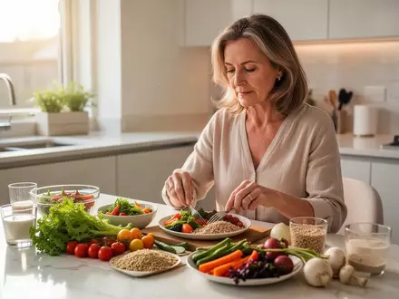 Eine Frau in den Wechseljahren bereitet in einer hellen, modernen Küche eine gesunde Mahlzeit aus frischem Gemüse zu. - Foto: über boerse-global.de