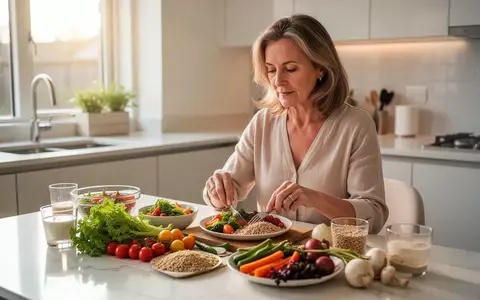 Eine Frau in den Wechseljahren bereitet in einer hellen, modernen Küche eine gesunde Mahlzeit aus frischem Gemüse zu. - Foto: über boerse-global.de
