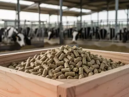 Hochwertiges Tierfutter in einem Holzbehälter in einem modernen landwirtschaftlichen Betrieb. - Foto: über boerse-global.de