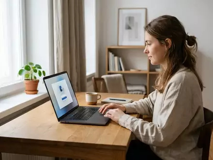 Eine Person arbeitet an einem Laptop in einem modernen, hellen Büro während der Windows-Einrichtung. - Foto: über boerse-global.de