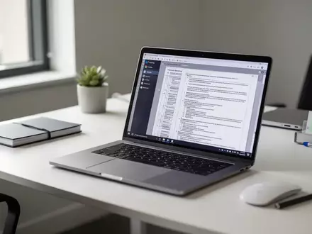 Ein moderner Schreibtisch mit einem Laptop, auf dessen Bildschirm ein komplexes Textdokument zu sehen ist. - Foto: über boerse-global.de