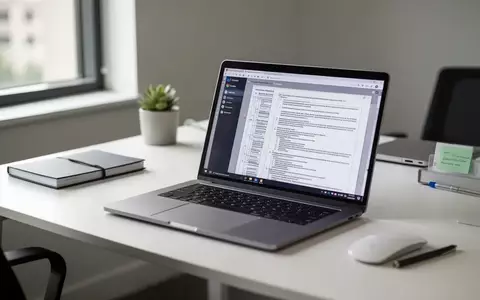 Ein moderner Schreibtisch mit einem Laptop, auf dessen Bildschirm ein komplexes Textdokument zu sehen ist. - Foto: über boerse-global.de