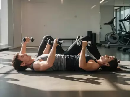 Eine Person führt eine Dead-Bug-Übung auf einer Yogamatte in einem hellen, modernen Fitnessstudio aus. - Foto: über boerse-global.de