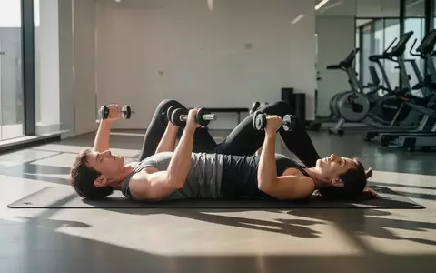 Eine Person führt eine Dead-Bug-Übung auf einer Yogamatte in einem hellen, modernen Fitnessstudio aus. - Foto: über boerse-global.de