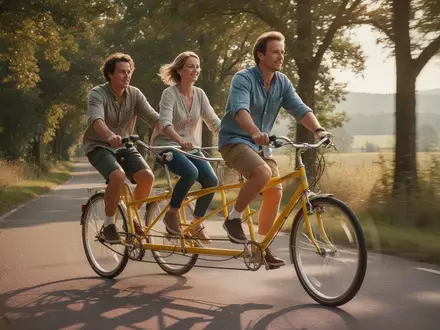 Zwei Menschen fahren bei sommerlichem Wetter auf einem Tandem-Fahrrad durch eine grüne Landschaft. - Foto: über boerse-global.de