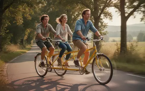 Zwei Menschen fahren bei sommerlichem Wetter auf einem Tandem-Fahrrad durch eine grüne Landschaft. - Foto: über boerse-global.de