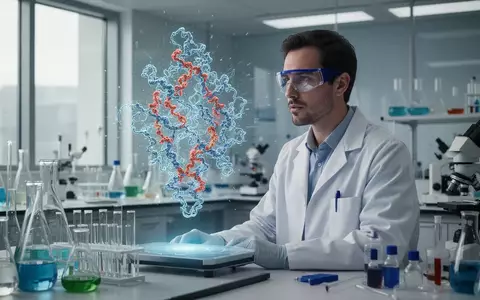Wissenschaftler im Labor betrachtet eine 3D-Visualisierung einer komplexen Proteinstruktur auf einem Monitor. - Foto: über boerse-global.de