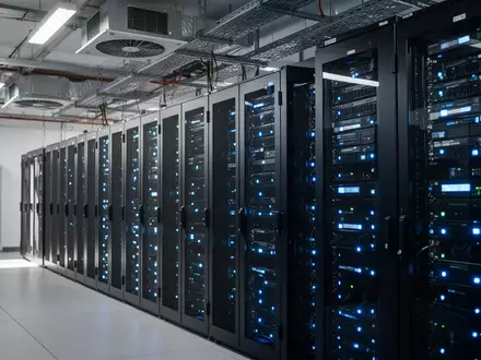 Moderne Serverräume eines Rechenzentrums mit schwarzer Hardware und blauer LED-Beleuchtung. - Foto: über boerse-global.de