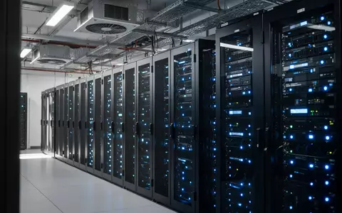 Moderne Serverräume eines Rechenzentrums mit schwarzer Hardware und blauer LED-Beleuchtung. - Foto: über boerse-global.de