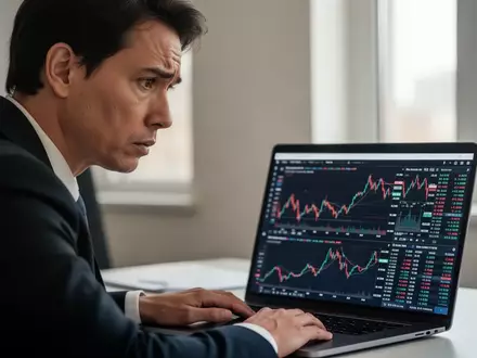 Eine besorgte Person vor einem Laptop mit Finanzdiagrammen in einem professionellen Büro. - Foto: über boerse-global.de