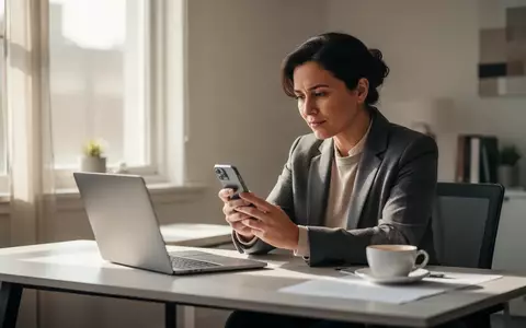 Eine Person betrachtet nachdenklich ihr Smartphone an einem modernen Schreibtisch in einem hellen Homeoffice. - Foto: über boerse-global.de