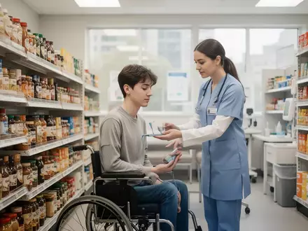 Eine Ergotherapeutin begleitet einen Patienten bei einer therapeutischen Übung in einem nachgebauten Supermarkt zur Rehabilitation. - Foto: über boerse-global.de