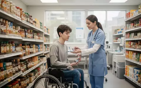 Eine Ergotherapeutin begleitet einen Patienten bei einer therapeutischen Übung in einem nachgebauten Supermarkt zur Rehabilitation. - Foto: über boerse-global.de