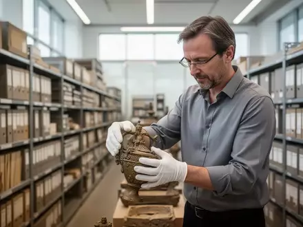 Eine Museumskuratorin in einem modernen Archivraum bei der vorsichtigen Arbeit mit einem historischen Exponat. - Foto: über boerse-global.de