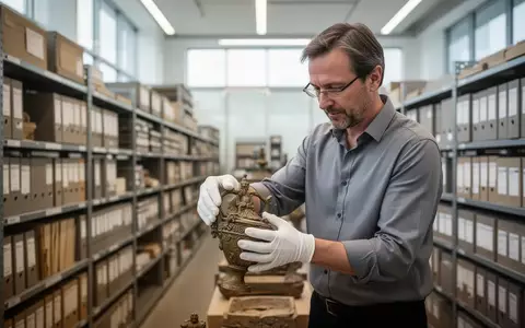 Eine Museumskuratorin in einem modernen Archivraum bei der vorsichtigen Arbeit mit einem historischen Exponat. - Foto: über boerse-global.de