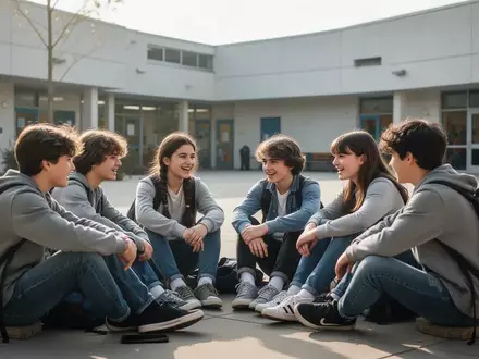 Eine Gruppe Jugendlicher unterhält sich angeregt in einem hellen Schulhof ohne digitale Geräte. - Foto: über boerse-global.de