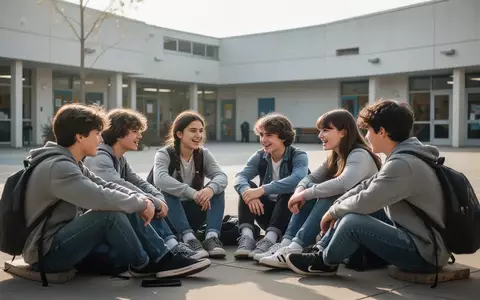 Eine Gruppe Jugendlicher unterhält sich angeregt in einem hellen Schulhof ohne digitale Geräte. - Foto: über boerse-global.de