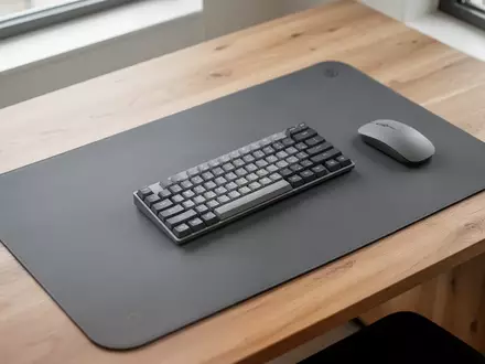 Ein sauberer, moderner Schreibtisch mit einer großen, anthrazitfarbenen Schreibtischunterlage, Tastatur und Maus. - Foto: über boerse-global.de