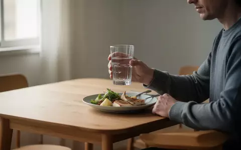 Eine Person sitzt an einem gedeckten Esstisch und hält ein Glas Wasser neben einem Teller mit Nahrung. - Foto: über boerse-global.de