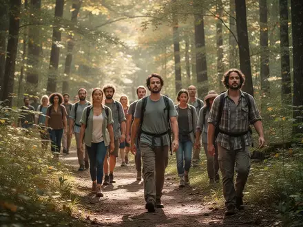 Eine Gruppe von Menschen bei einer achtsamen Wanderung durch einen sonnendurchfluteten Wald zur Förderung der mentalen Fitness. - Foto: über boerse-global.de