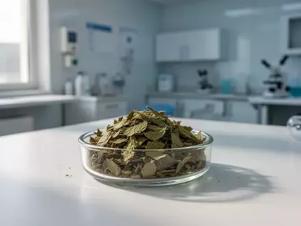 Getrocknete Kratom-Blätter in einer Laborschale auf einem medizinischen Schreibtisch. - Foto: über boerse-global.de