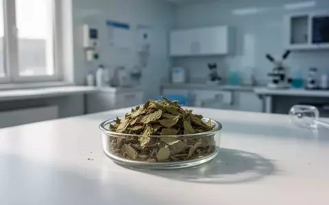 Getrocknete Kratom-Blätter in einer Laborschale auf einem medizinischen Schreibtisch. - Foto: über boerse-global.de