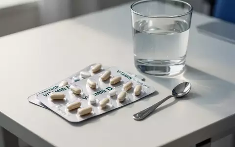 Eine Nahaufnahme von Vitamin-D-Tabletten in einer Blisterpackung neben einem Glas Wasser auf einem weißen Tisch. - Foto: über boerse-global.de