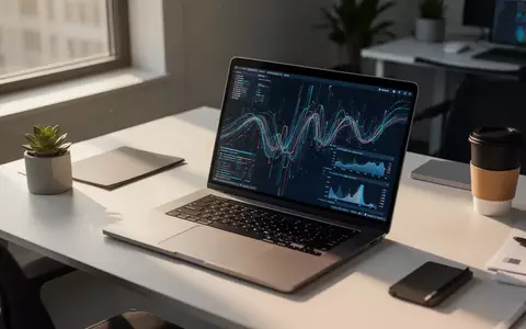 Ein moderner, minimalistischer Arbeitsplatz mit einem Laptop, auf dem abstrakte Datenströme zu sehen sind, bei natürlichem Licht. - Foto: über boerse-global.de