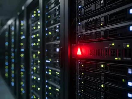 Nahaufnahme einer blinkenden roten Warnleuchte an einem Server-Rack in einem dunklen Rechenzentrum. - Foto: über boerse-global.de