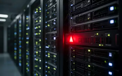 Nahaufnahme einer blinkenden roten Warnleuchte an einem Server-Rack in einem dunklen Rechenzentrum. - Foto: über boerse-global.de
