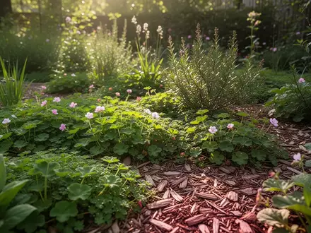 Ein üppig bepflanzter, pflegeleichter Garten mit Bodendeckern und Mulchschicht im natürlichen Sonnenlicht. - Foto: über boerse-global.de