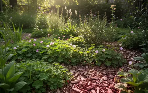 Ein üppig bepflanzter, pflegeleichter Garten mit Bodendeckern und Mulchschicht im natürlichen Sonnenlicht. - Foto: über boerse-global.de
