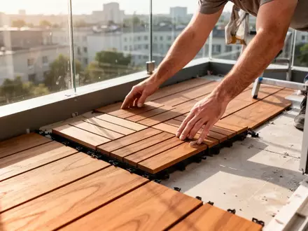 Nahaufnahme einer Hand, die eine modulare Holzfliese auf einem Balkon verlegt, in einem modernen, minimalistischen Stil. - Foto: über boerse-global.de