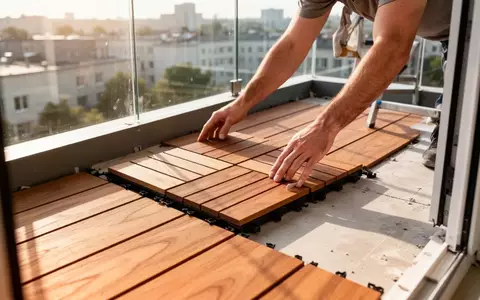Nahaufnahme einer Hand, die eine modulare Holzfliese auf einem Balkon verlegt, in einem modernen, minimalistischen Stil. - Foto: über boerse-global.de