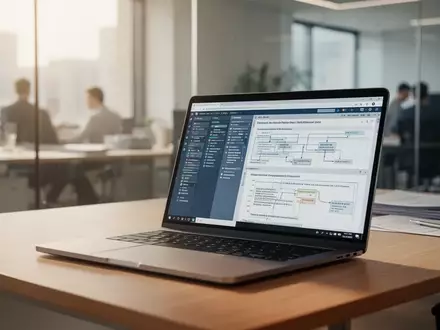 Ein moderner, aufgeräumter Büroarbeitsplatz mit einem Laptop, auf dem komplexe Dokumenten-Workflows zu sehen sind. - Foto: über boerse-global.de