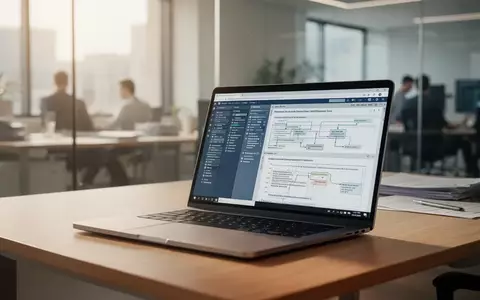 Ein moderner, aufgeräumter Büroarbeitsplatz mit einem Laptop, auf dem komplexe Dokumenten-Workflows zu sehen sind. - Foto: über boerse-global.de