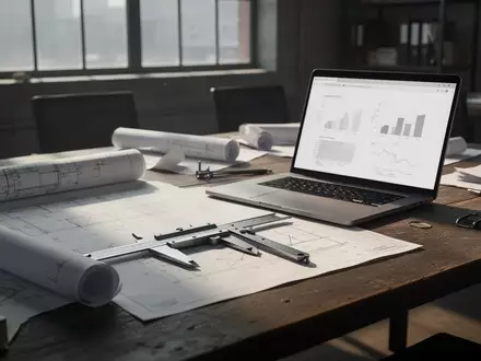 Ein moderner industrieller Schreibtisch mit Bauplänen und einem Laptop in einem lichtdurchfluteten Büro. - Foto: über boerse-global.de