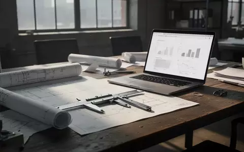 Ein moderner industrieller Schreibtisch mit Bauplänen und einem Laptop in einem lichtdurchfluteten Büro. - Foto: über boerse-global.de