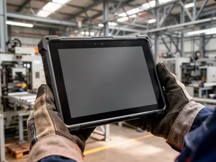 Ein robustes Industrietablet in der Hand eines Arbeiters in einer modernen Fertigungshalle. - Foto: über boerse-global.de