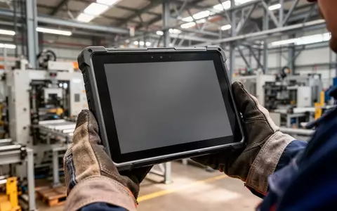 Ein robustes Industrietablet in der Hand eines Arbeiters in einer modernen Fertigungshalle. - Foto: über boerse-global.de