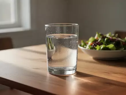 Ein klares Glas Wasser auf einem Holztisch in einer hellen, minimalistischen Umgebung. - Foto: über boerse-global.de