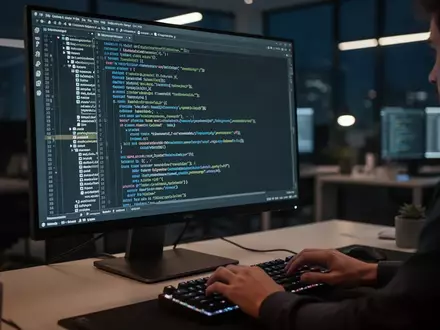 Ein Softwareentwickler arbeitet in einem modern beleuchteten Büro an einem Computerbildschirm mit komplexem Programmcode. - Foto: über boerse-global.de