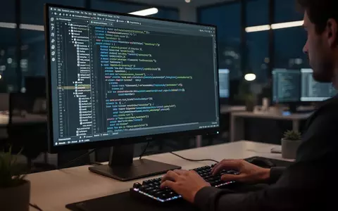 Ein Softwareentwickler arbeitet in einem modern beleuchteten Büro an einem Computerbildschirm mit komplexem Programmcode. - Foto: über boerse-global.de