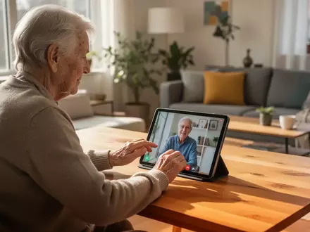 Eine ältere Person sitzt in einem hellen Wohnzimmer und nutzt ein Tablet für eine Videotelefonie. - Foto: über boerse-global.de