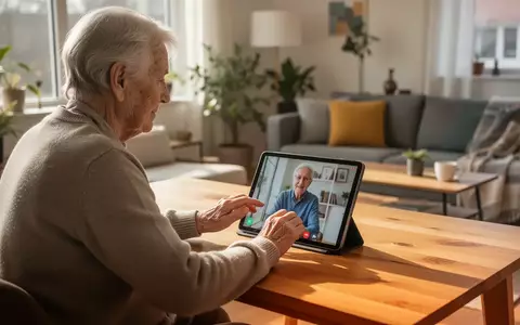 Eine ältere Person sitzt in einem hellen Wohnzimmer und nutzt ein Tablet für eine Videotelefonie. - Foto: über boerse-global.de