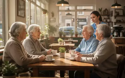 Eine Gruppe von Senioren und eine Fachkraft sitzen in einem hellen, freundlichen Café an einem Tisch und unterhalten sich. - Foto: über boerse-global.de