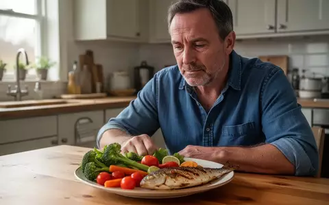 Ein Mann sitzt an einem Küchentisch und betrachtet eine Mahlzeit mit frischem Gemüse und Fisch. - Foto: über boerse-global.de