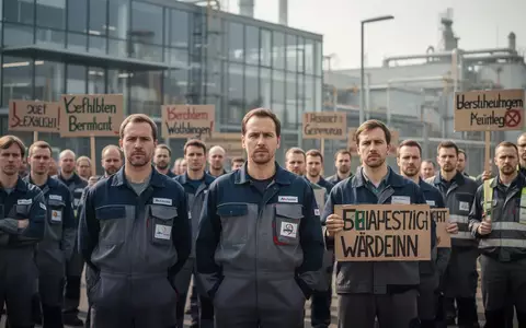 Mitarbeiter bei einer Protestkundgebung vor einem Fabrikgebäude in Langenselbold. - Foto: über boerse-global.de