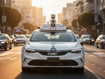 Ein autonomes Robotaxi fährt bei Sonnenuntergang durch eine städtische Umgebung mit Fokus auf die Sensortechnik auf dem Dach. - Foto: über boerse-global.de